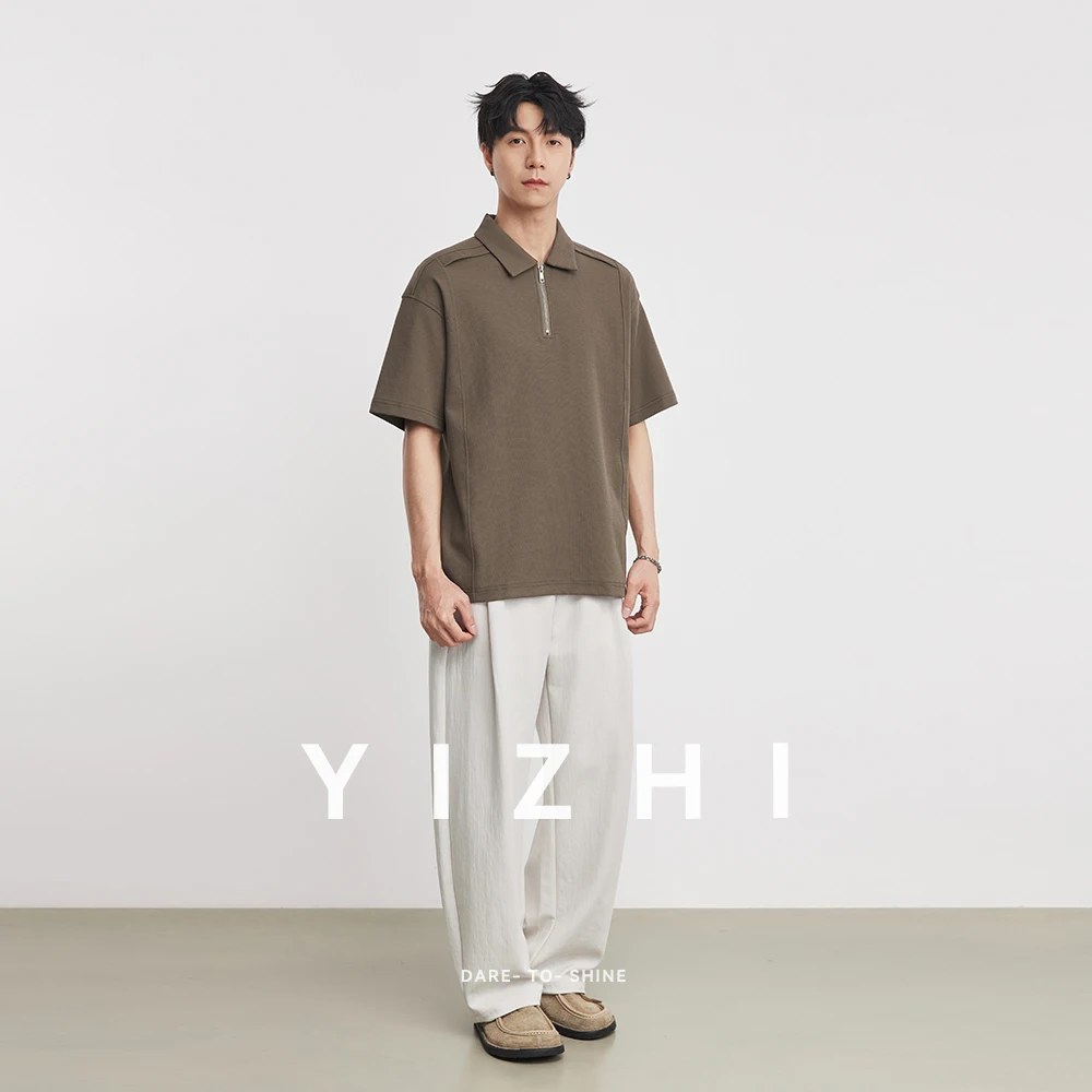 Men's 210g Heavyweight Lapel Half-Zip Polo Shirt 2026 Summer New Cotton Blend Casual Trendy Short Sleeve T-Shirt