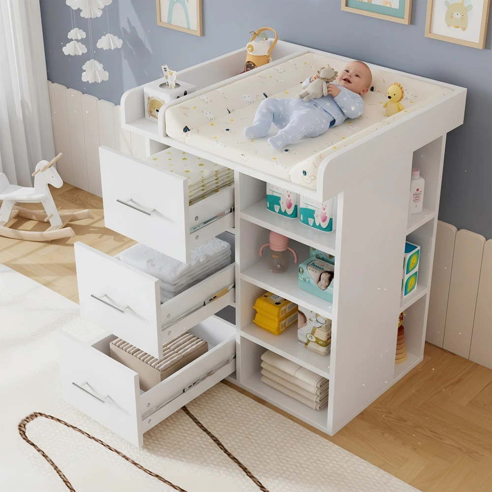Weißer Baby-Wickelkommode, 3 Schubladen, großes Stauraum, verstellbare Regale mit Wickelstation