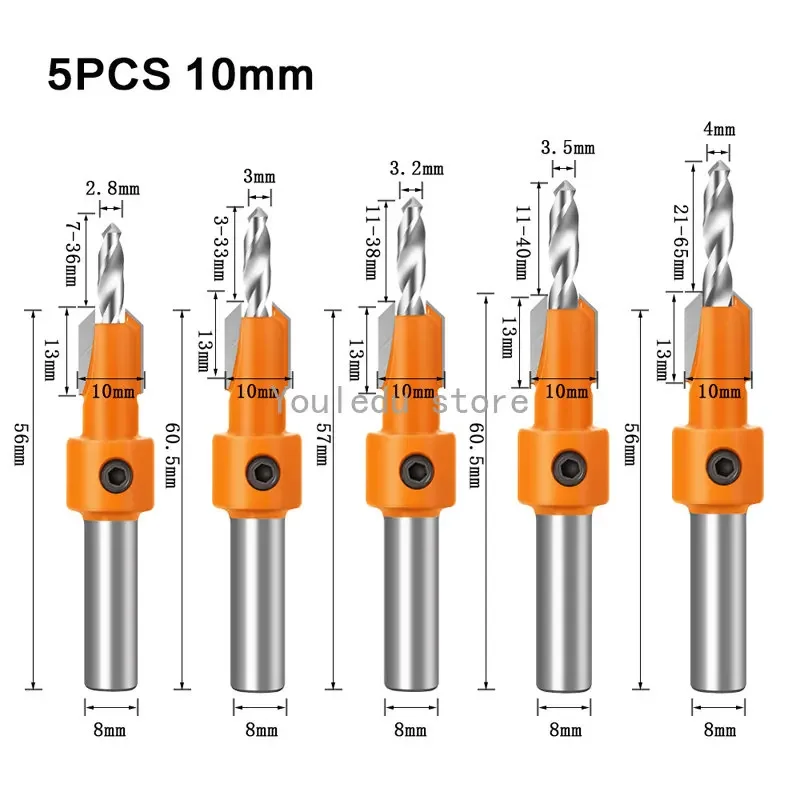 10mm Shank HSS Woodworking Countersink Router Bit Set Screw Extractor Remon Demolition for Wood Milling Cutter