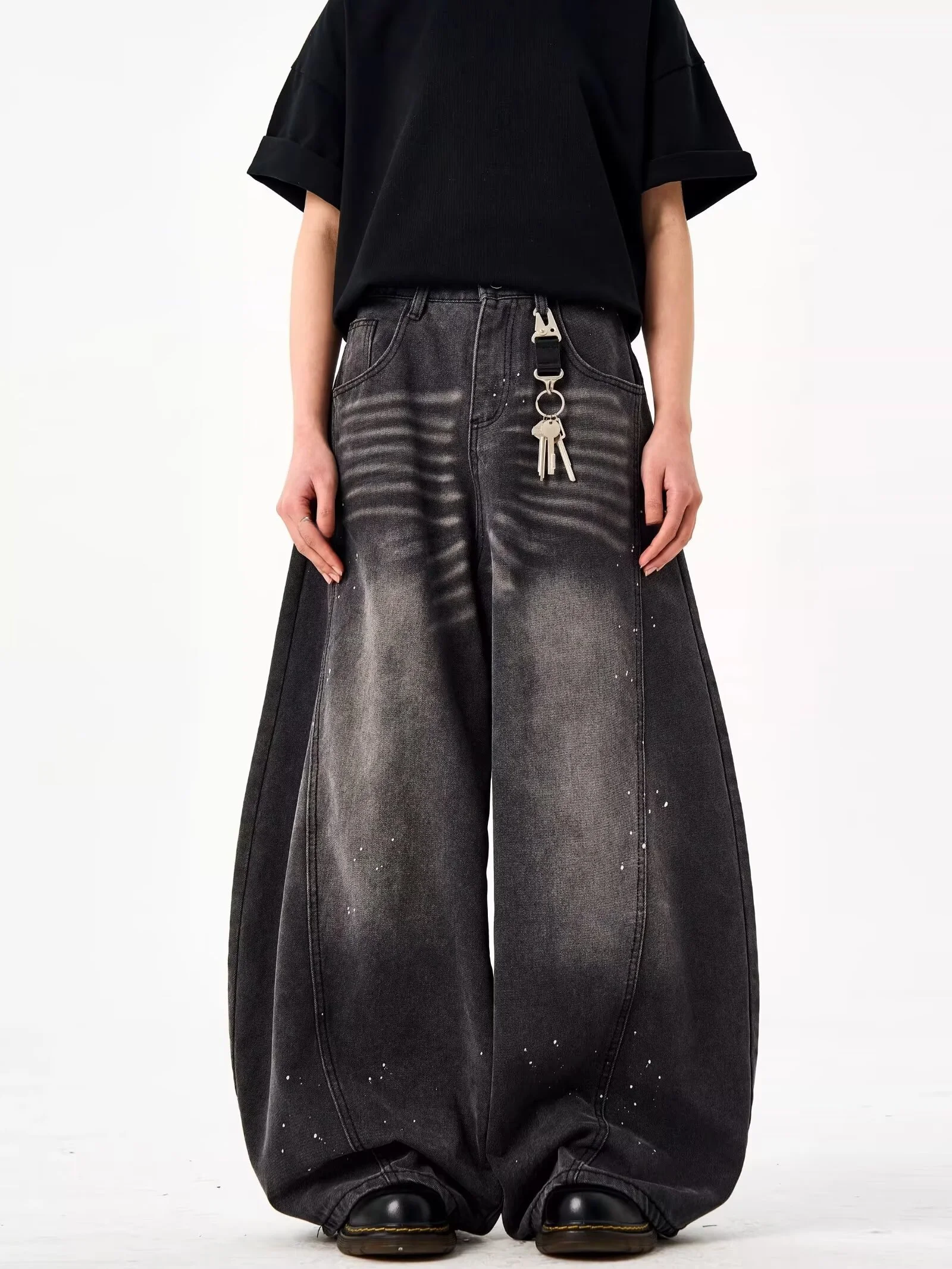 

Retro American Washed Splashed Ink Black Knife Jeans Men Loose Wide Leg Baggy Pants Youth Trend Casual Wear