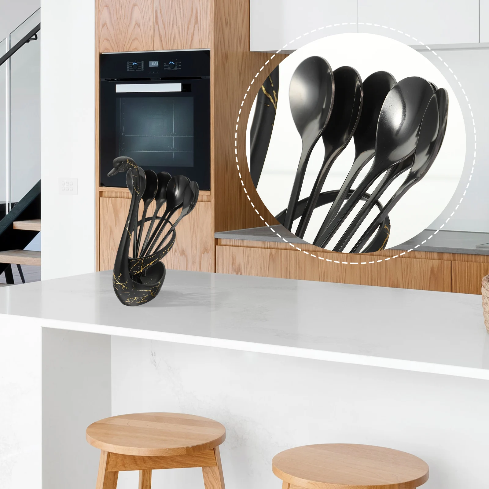 

Stainless Steel Fruit Fork Coffee Spoon Set Stand Rest Swan Base Espresso Spoons Holder