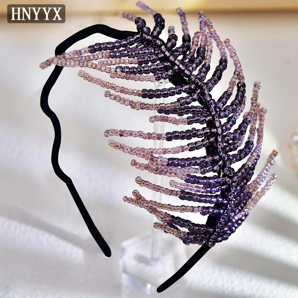 

HNYYX Purple Color Crystal Beaded Head Hoop Two-color Bride Crystal Wedding Headpieces Hair Jewelry Banquet Party Headwear A19