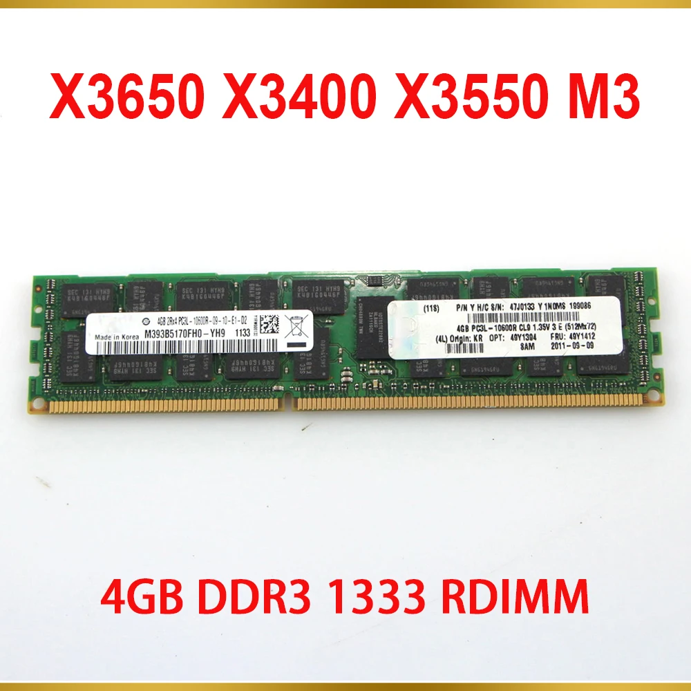 1PCS Server Memory For IBM RAM X3650 X3400 X3550 M3 49Y1394 49Y1412 47J0133 PC3L-10600R 4GB DDR3 1333 RDIMM