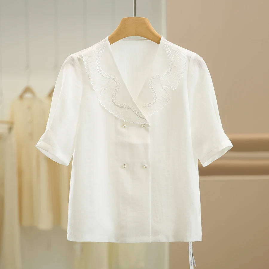 Embroidered ort Sve irt Stand Collar Double Row Pearl Buttons Korean Sle Loose Fit Commute Sle Summer New Arrival