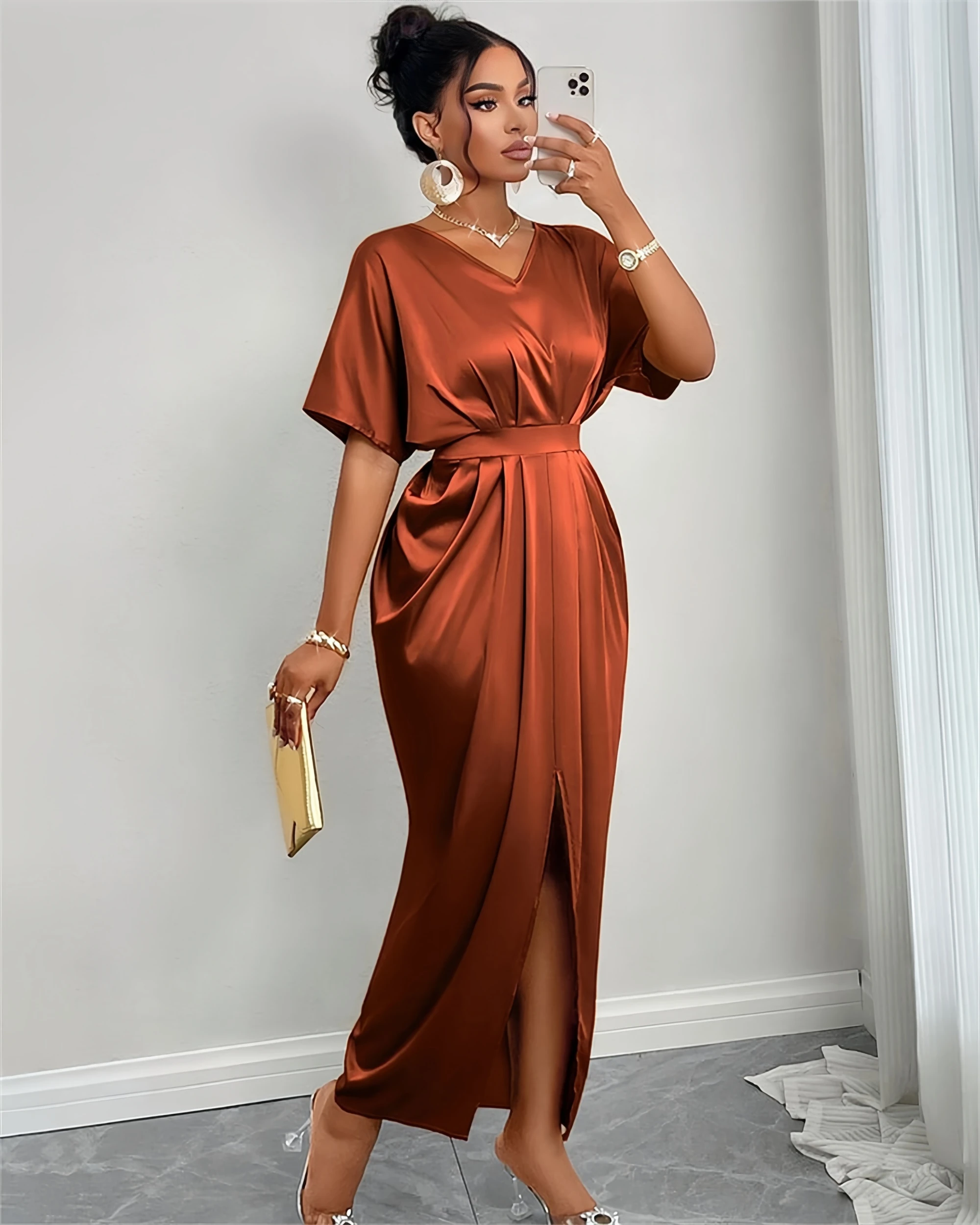 

Beshinel Customized Satin Mermaid Evening Dress Luxury Elegant V-neck Half Sleeves Classic Prom Dresses 2025 New Arrival
