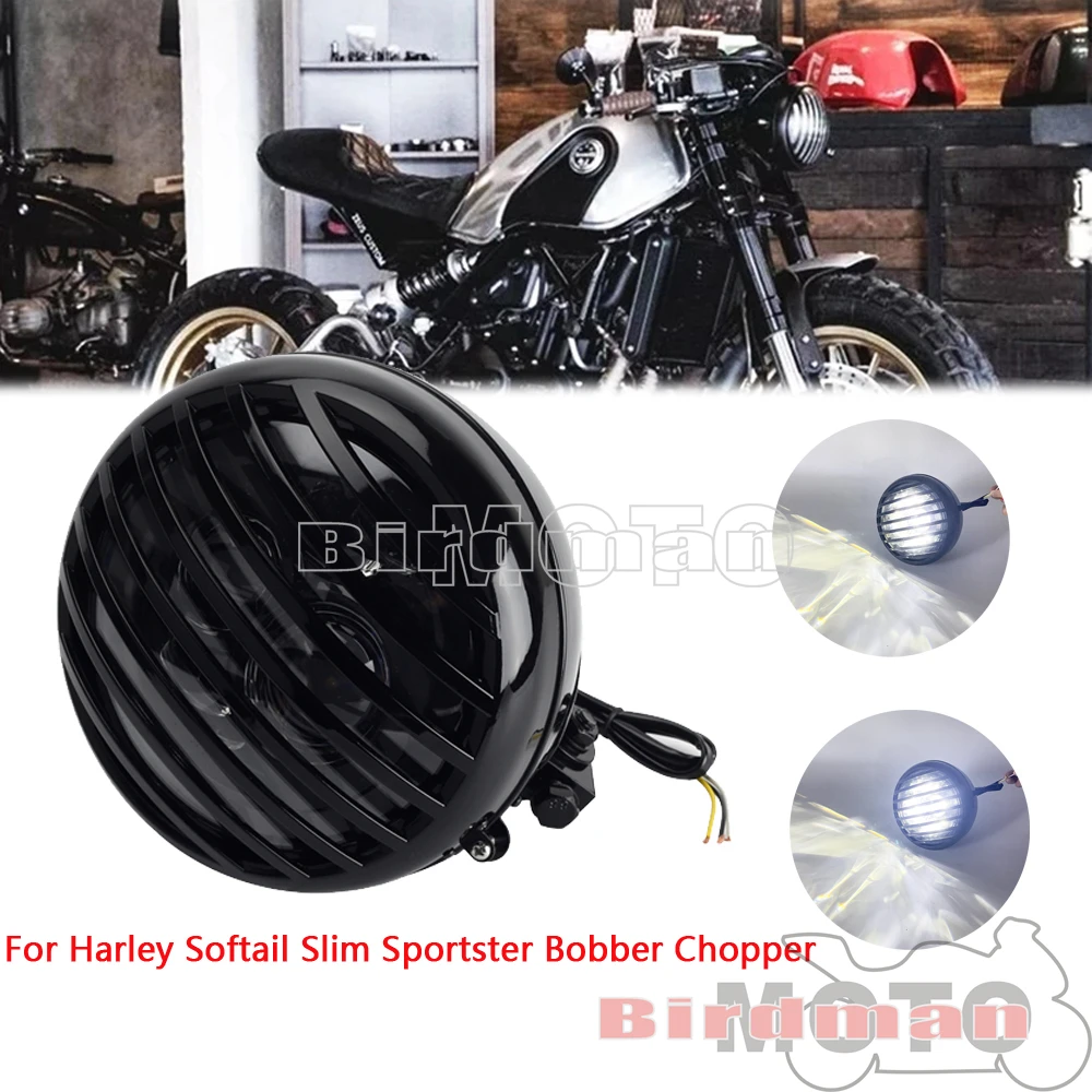 

For Harley Sportster Dyna Bobber Cafe Racer Motorcycle Retro Front Light Lamp Custom Steel Headlight Hi/Lo Beam Grill Headlamp