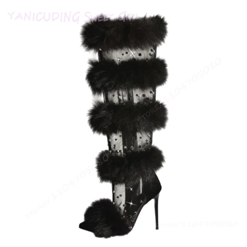Black Lace Mesh Hollow Real Fur Wrapped Boots Women Plush Fringe Tassel-Tie Diamond Shiny Pointed Side Zip Booties Casual Shoes