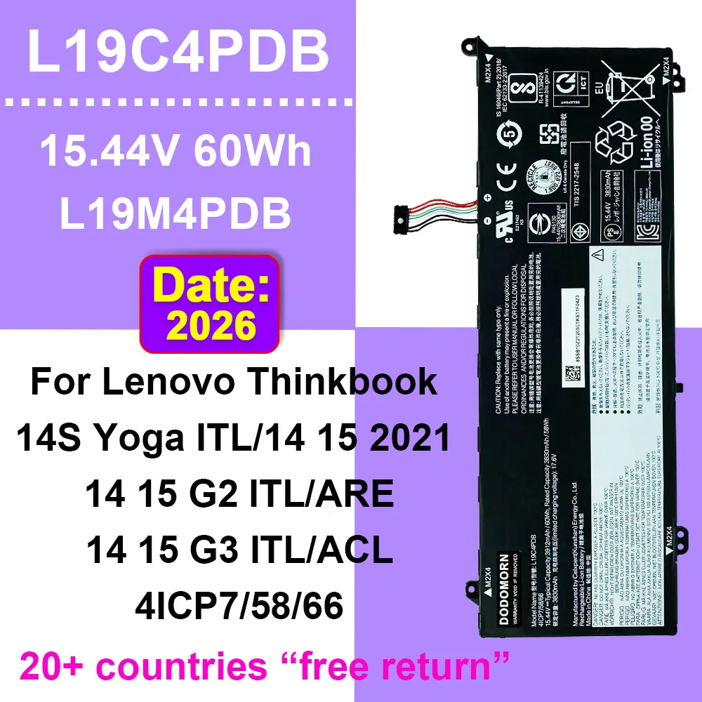 DODOMORN Laptop Battery For Lenovo Thinkbook 14S Yoga ITL,14 15 G2 G3 ITL ARE ACL L19C4PDB L19M4PDB SB10Z21205 15.44V 60Wh OEM