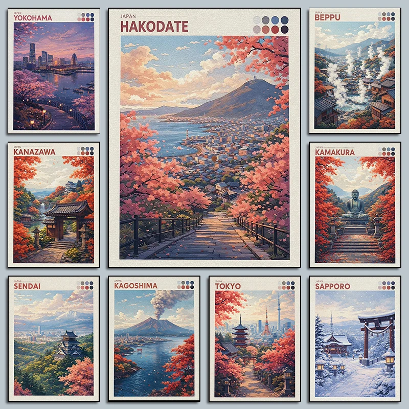 Pósteres de paisajes urbanos de otoño de Japón, Yokohama, Shizuoka, Hakodate, impresiones modernas, pintura en lienzo, imagen artística de pared, decoración para el hogar y la sala de estar