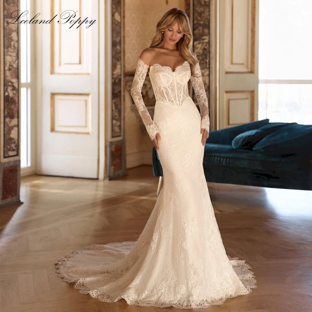 Lceland Poppy Customized Lace Mermaid Wedding Dresses Strapless Long Sleeves Illusion Bridal Gowns with Court Train