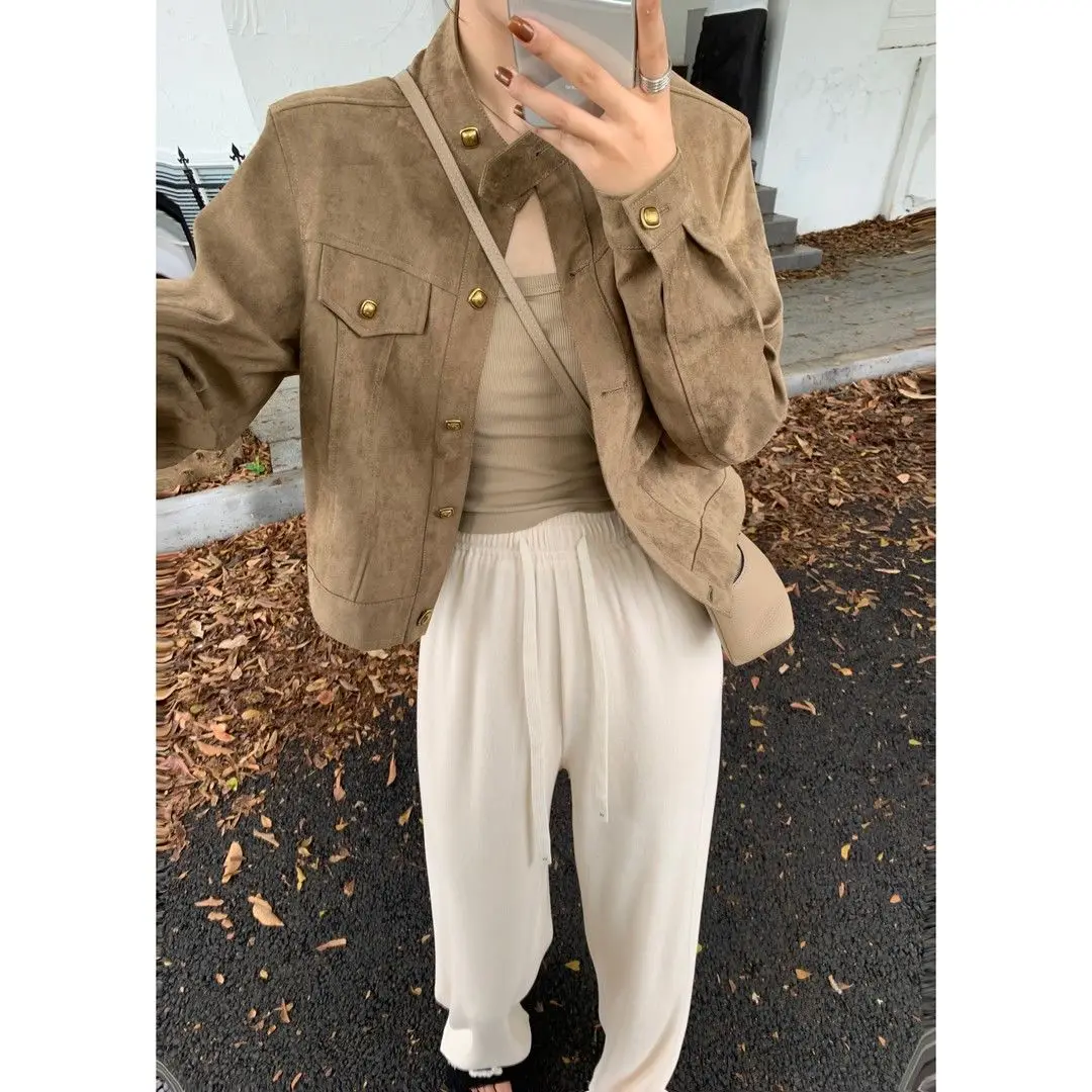 

Faionable Spring Autumn Jaet Loose Women's Sle Versatile Slimming Casual Design Sense Button up ort Coat Top