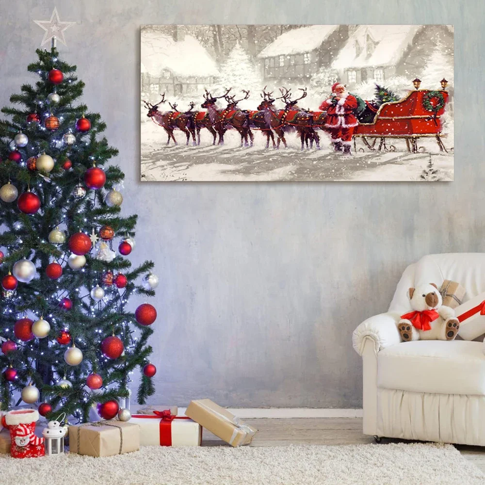 

Framed Canvas Wall Art Painting: Santa with Reindeer Sledge for Christmas, Gift & Decor for Christmas Eve, Office, Living Room