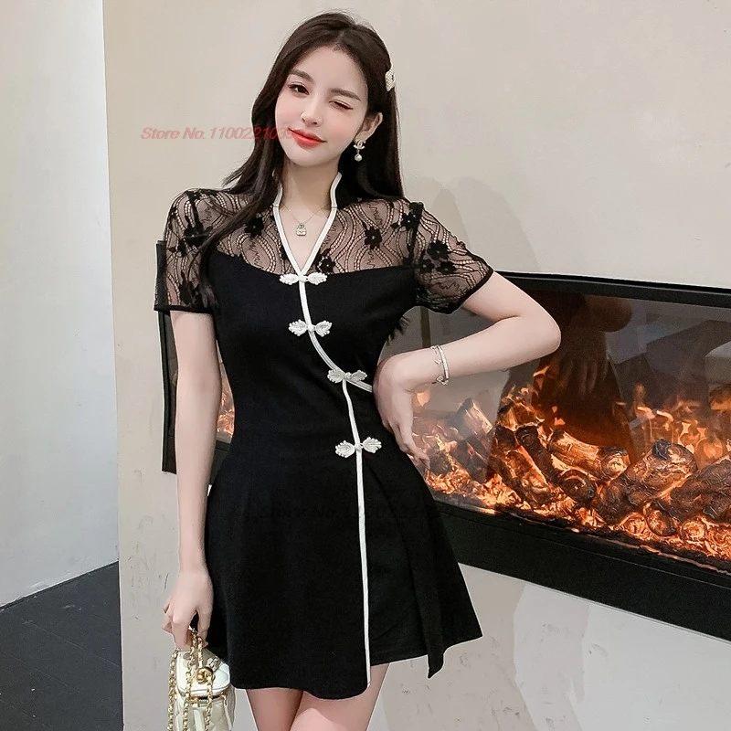 2025 chinese traditional nightclub dress improved cheongsam lace flower patchwork qipao dress+shorts set hotel spa work dress