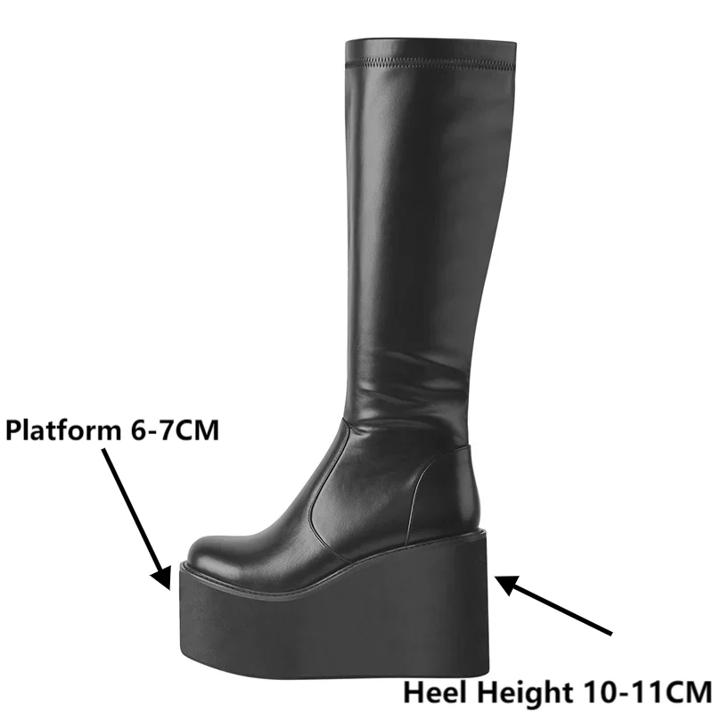 Onlymaker Women Platform Round Toe Wedges Boots Matte Black Knee High Zipper Big Size Fashion Boots