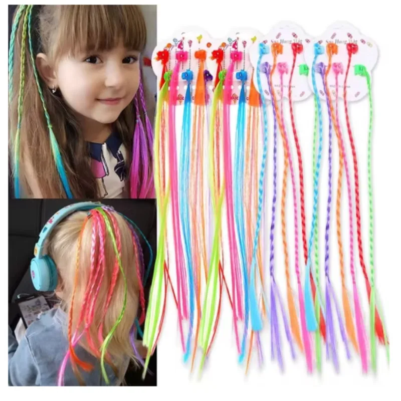 12 قطعة من وصلات الشعر المضفائر الملونة مع مشبك كبس قوس قزح مضفر للأطفال أداء الأطفال الفتيات أزياء الهالوين