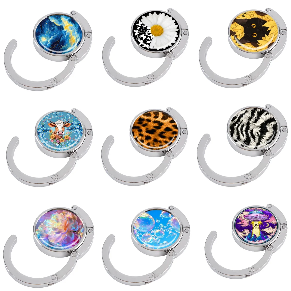 Leopard Print Portable Folding Bag Hanger Cartoon Cat Handbag Hook Bag Holder Round Table Hook Outdoor Storage Hanger
