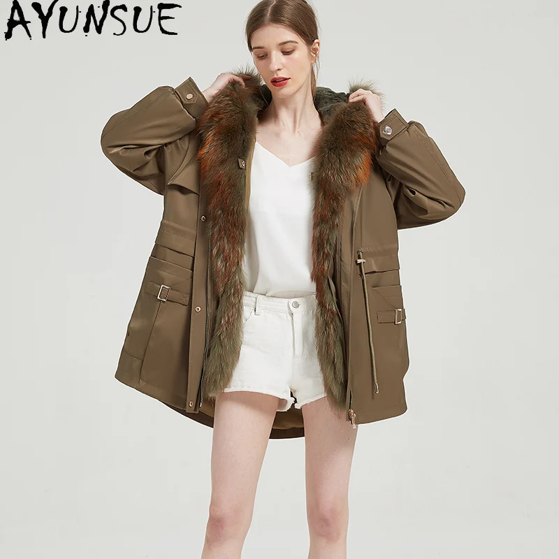 AYUNSUE Rex Rabbit Fur Coat Mid-long Real Fur Parka Women Winter Clothes Warm Raccoon Fur Collar New in Coats Пальто Женское