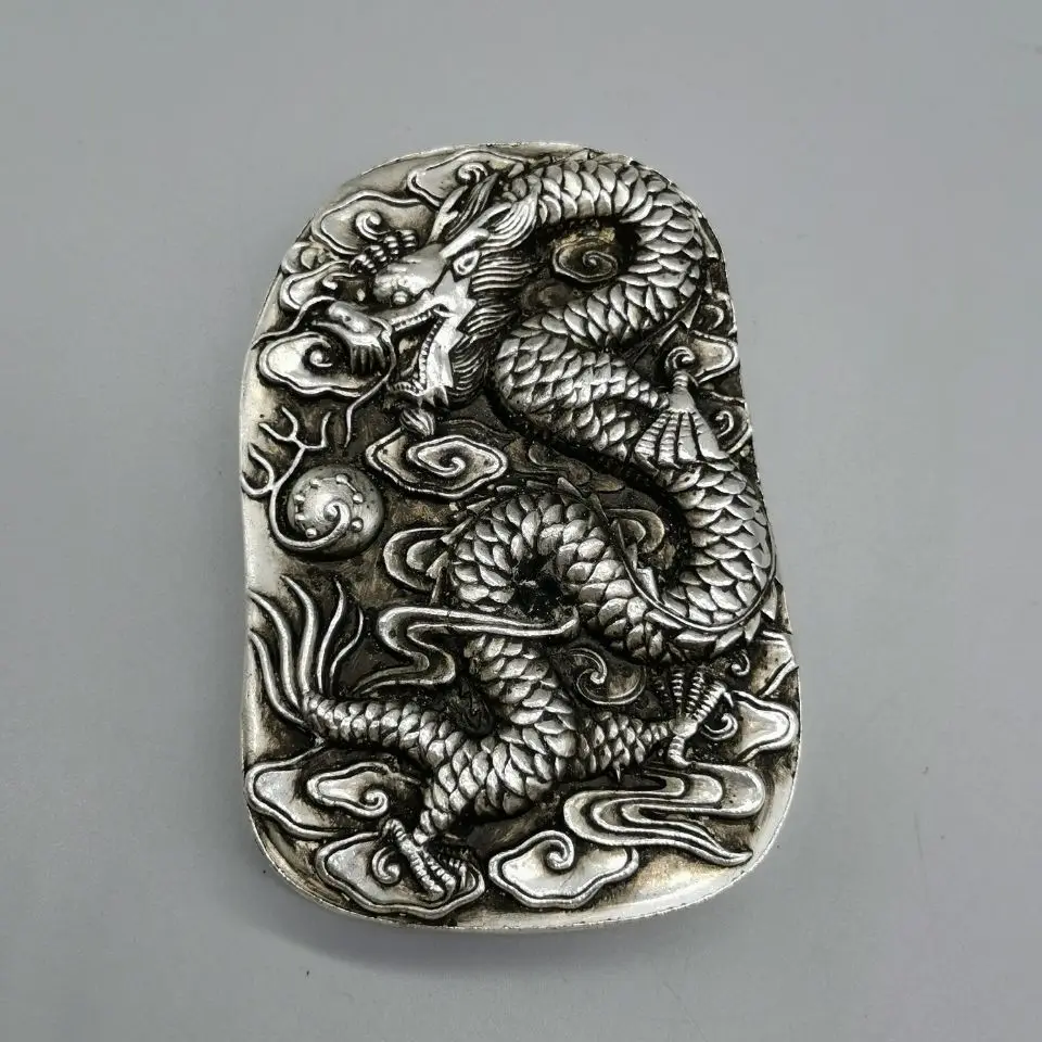 White Copper Inkstone with Embossed Dragon Pearl Lid, Four Treasures of the Study for Calligraphy & Painting Grinding