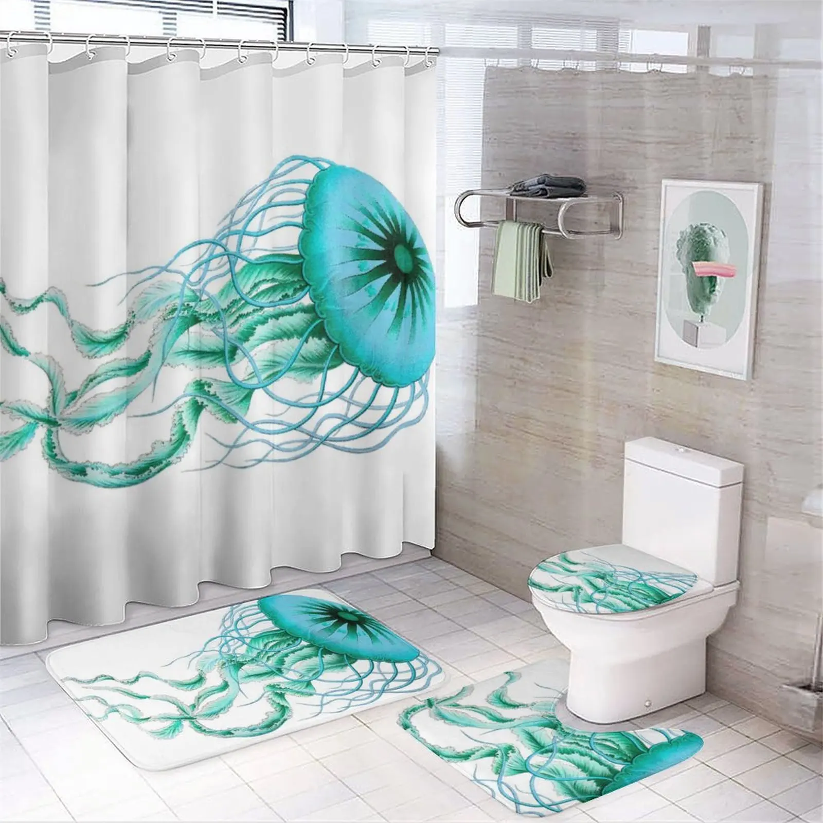 Cyan jellyfish printed shower curtain Modern non-slip carpet shower curtain Waterproof polyester home decoration 180x180