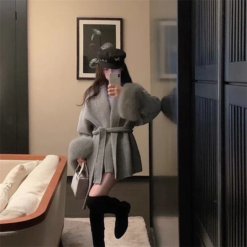 High-End Splicing Short Furry Sleeves Blend Wool Coats with Lace-u Strap Woolen Jacket with Spring and Autumn Long Sleeves Loose