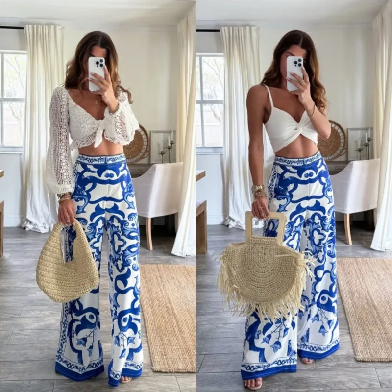 

Vintage Blue And White Porcelain Print Loose Casual Trousers 2025 Summer New High Waist Wide Leg Pant All-match Women Clothes