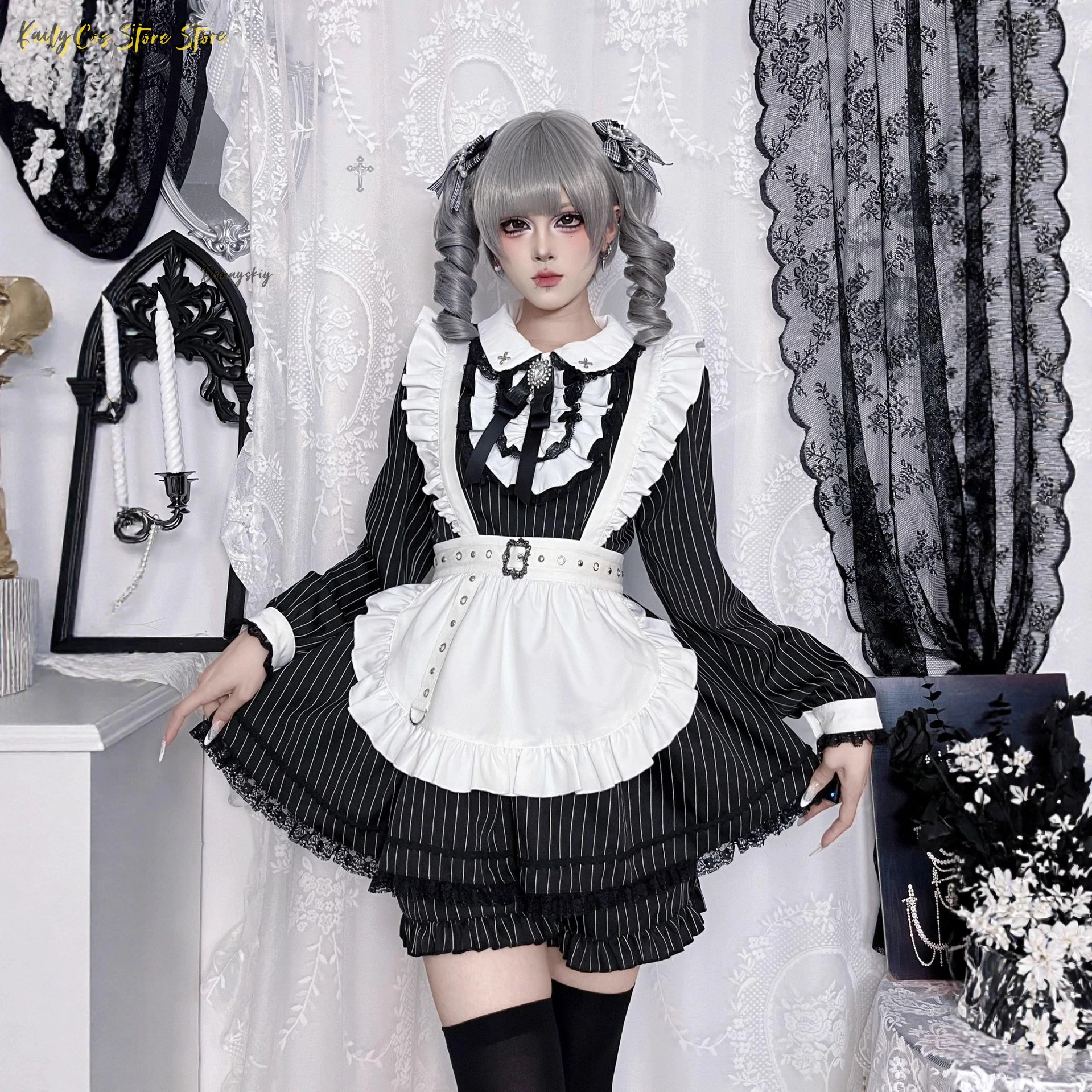 New Japanese Subculture Striped Maid Outfit Jirai Kei Lolita Long-Sleeve Dress SetRuffled Lace+Apron+Belt | Anime Maid Style view 3