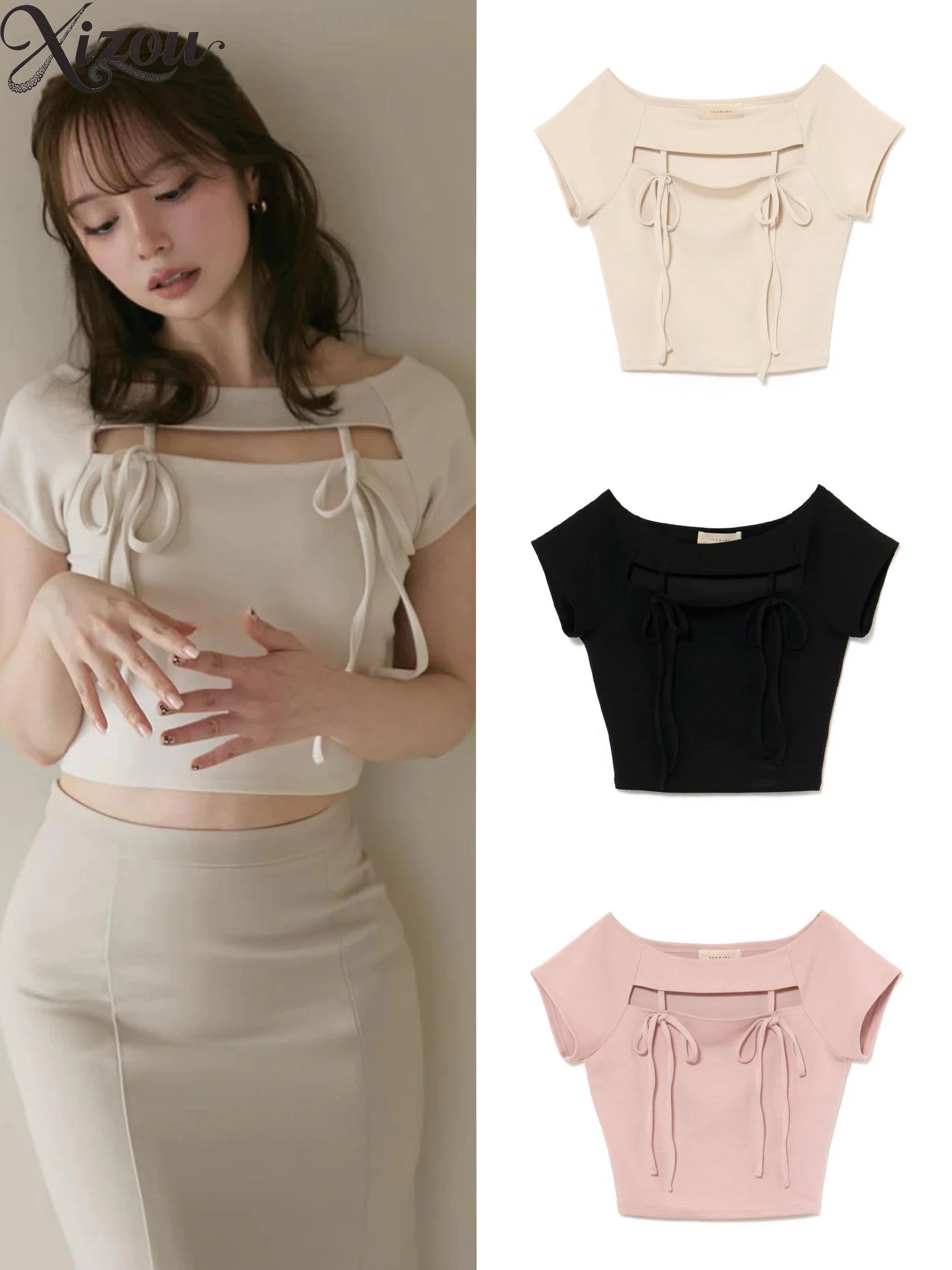 Damska koszulka z krótkim rękawem w stylu japońskim na lato 2025, nowy model z okrągłym dekoltem, słodka, dopasowana i cienka, z ażurowym sznurowaniem.