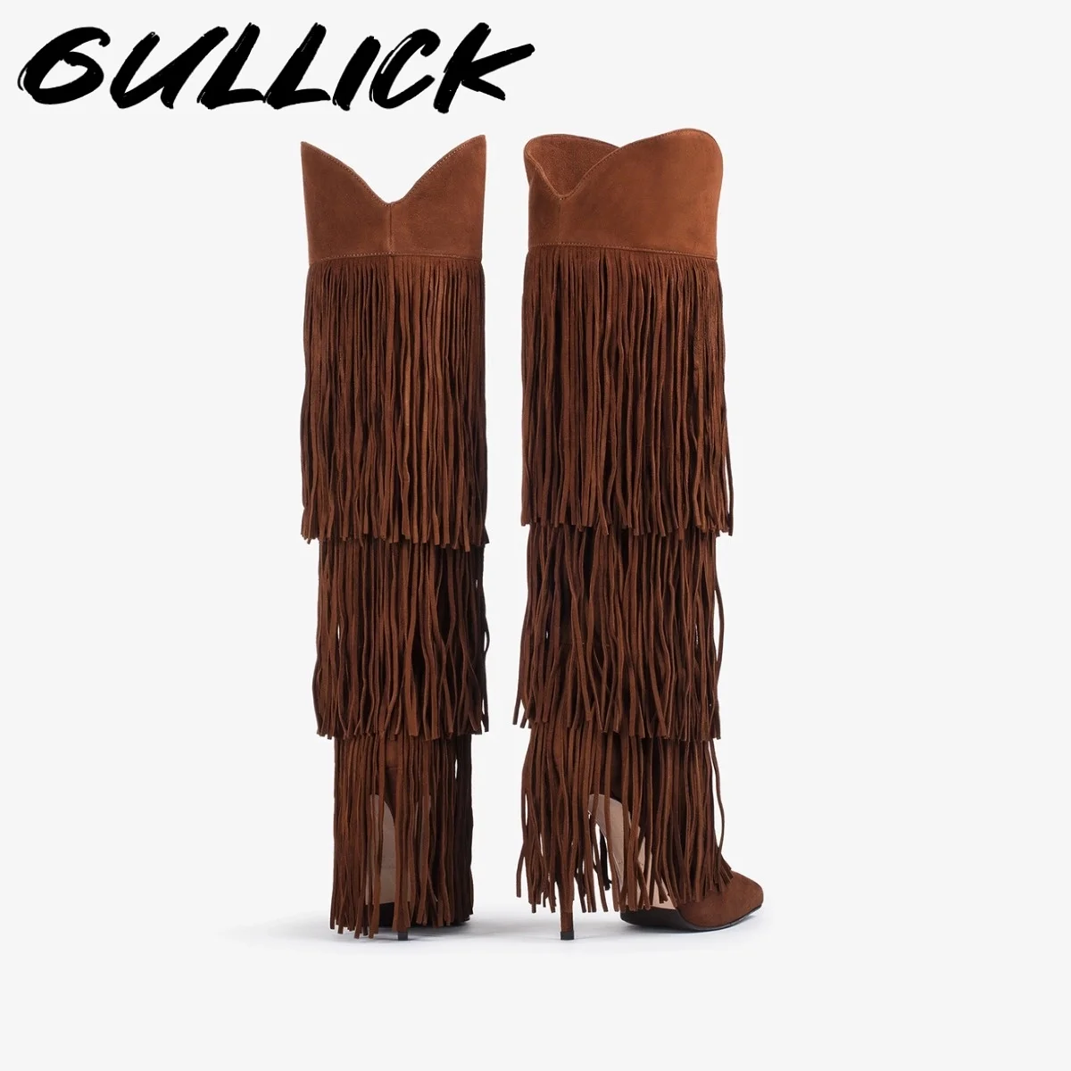 البني شرابة حذاء برقبة للركبة أشار تو بوتاس النساء الفاخرة أحذية مصممين الخريف الشتاء 2025 خنجر أسود Zapatos De Mujer