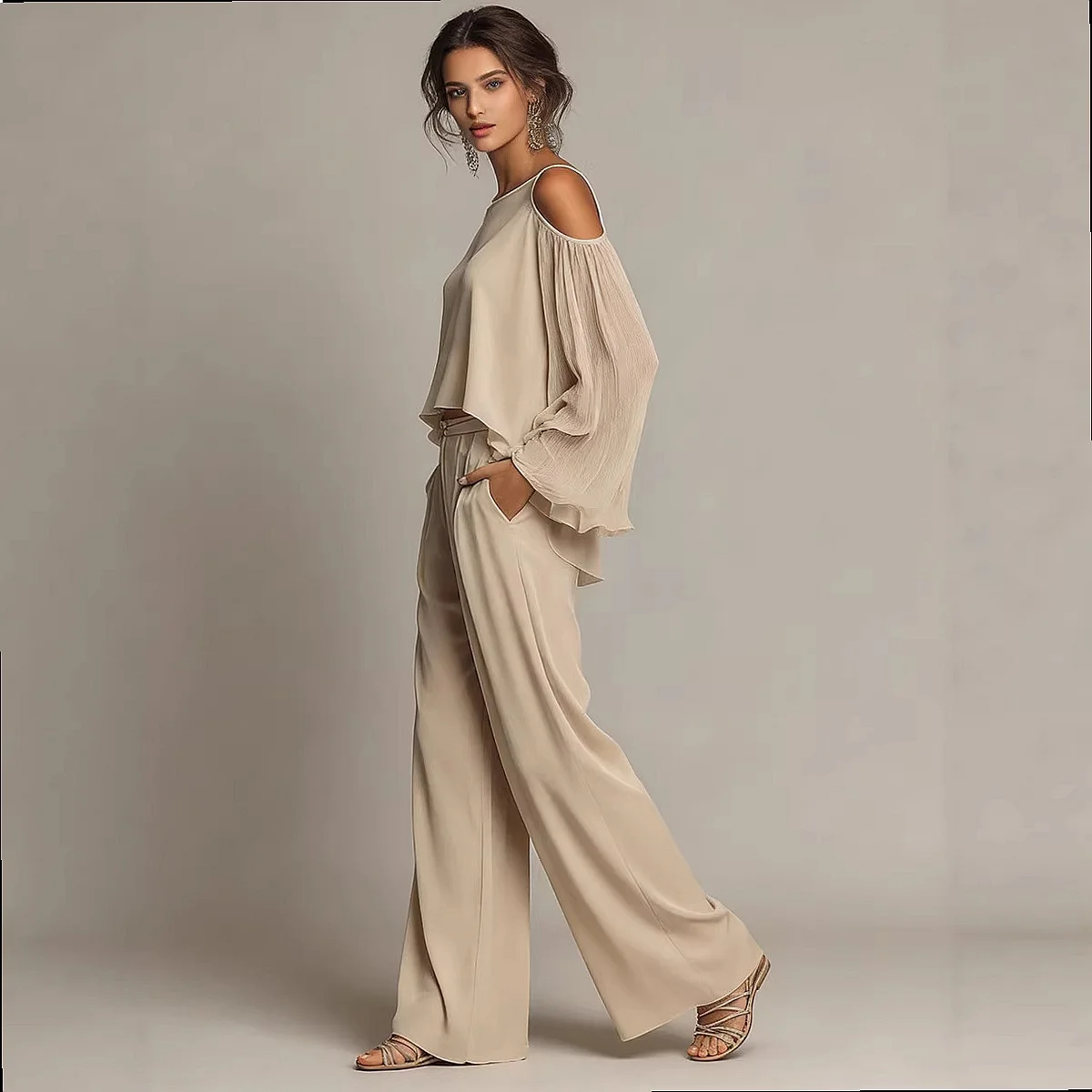 Women's Off Shoulder Crop Top Wide Leg Pants Matching Set Solid Color Lounge Tops Jumpsuit