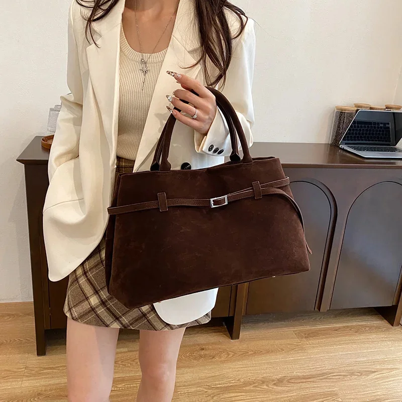 

Buckle Decorative Design Solid Faux Suede Handbag Large Capacity Hasp Ladies Fashion Casual Tote 2024 New Elegant Bags For Women