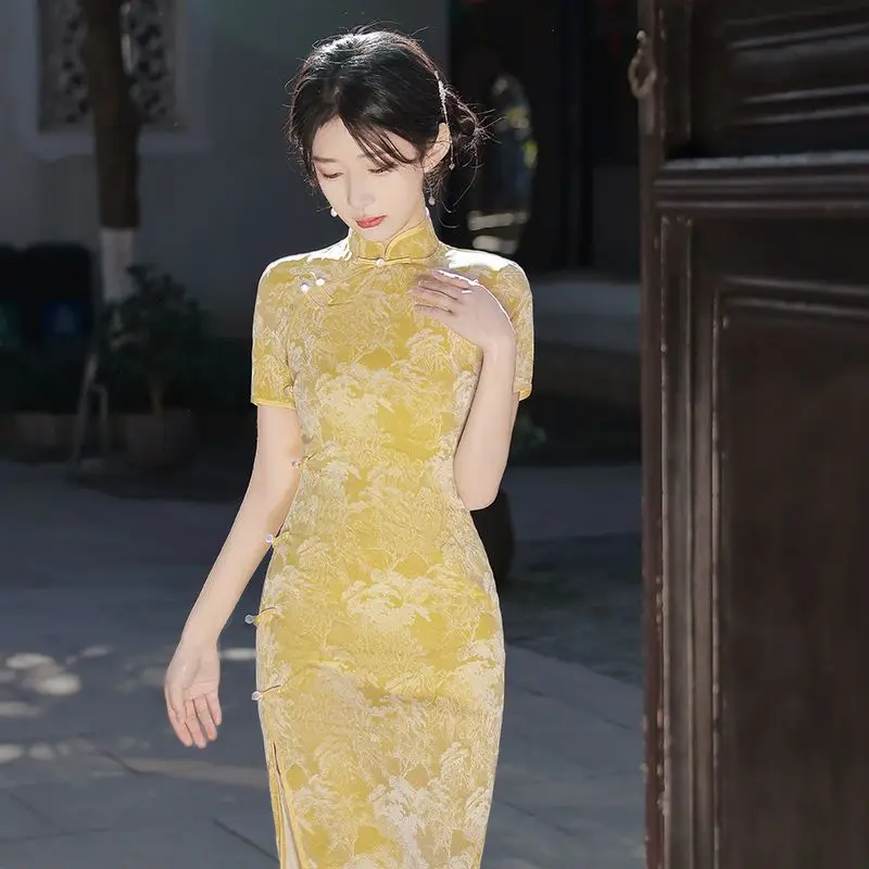 Chinese Traditional Dress Yellow Cheongsam Modern Flower Long Oriental Qipao Improved Elegant Clothes For Young Girl Party Dress