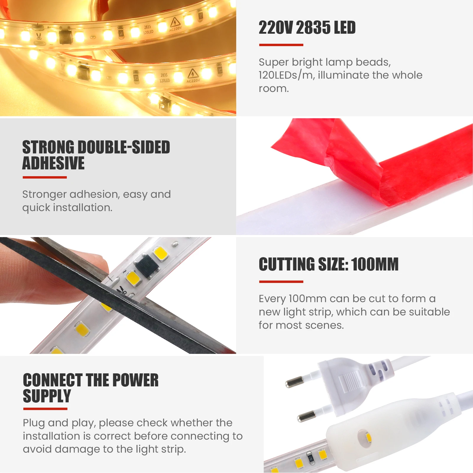 220V 2835 LED Strip Light Waterproof IP65 120LEDs/m with EU Plug/2Pin Wire Flexible High Brightness Diode Tape Adhesive 1/20M