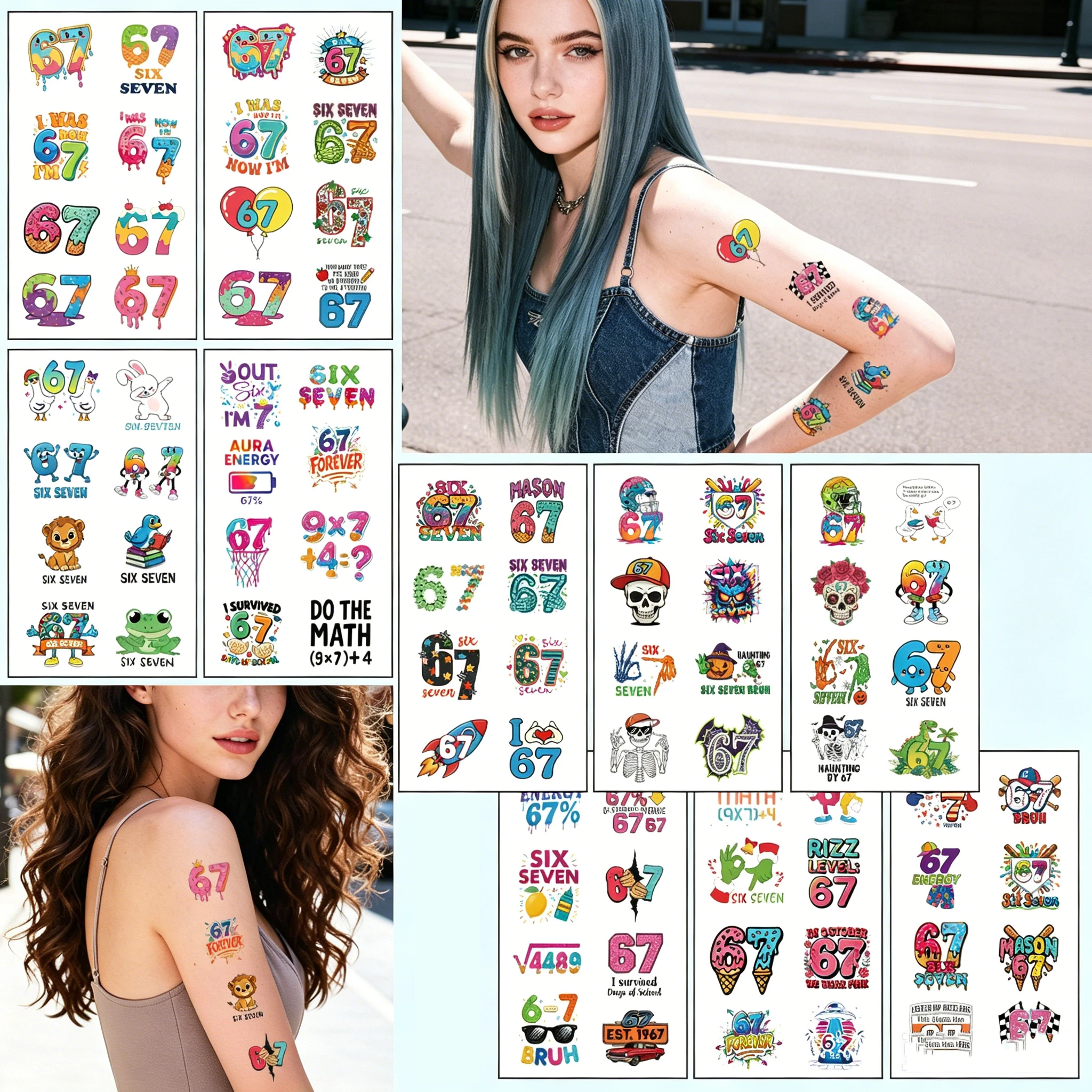 

10pcs/set New Funny Cartoon Color 67 Six Seven Temporary Tattoo Stickers For Body Art Tattoo Party Supplies Favors Stickers