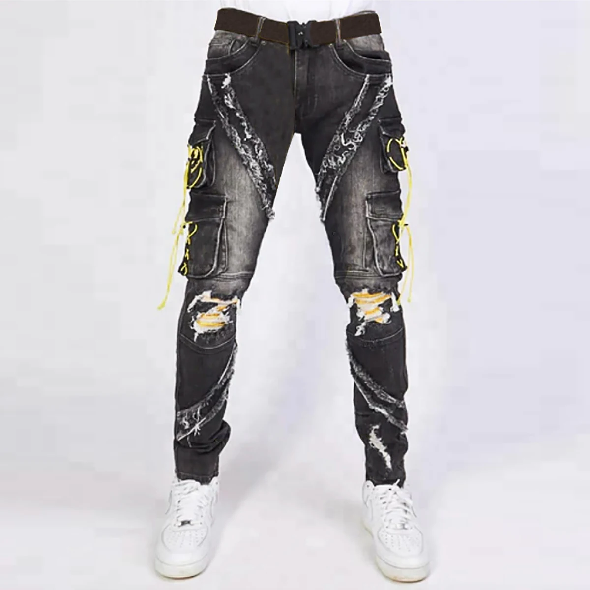 

New arrive men's slim ripped jeans high quality string decoration street fashion casual pants stylish sexy punk jeans men;