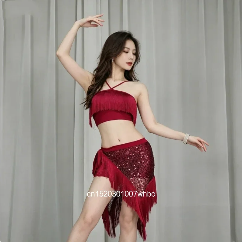 Belly Dance Costume 2026 Spring Summer Practice Outfit, Tassel Decor Top With Hip Scarf 3Pcs Set, Oriental Dance Stage Performan