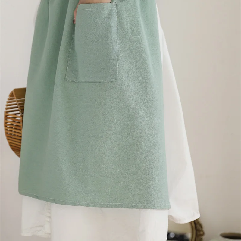 Women Cotton Linen Cross Back Kitchen Apron Japanese Housework Baking Wrap With Pocket Cafe Nails Flower Shop Long Dress Bibs