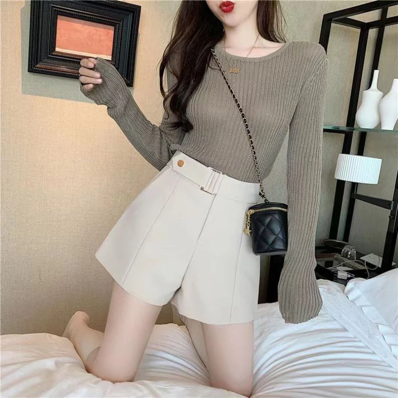 Shorts Women Retro Belt Korean Style Mature Business Ladies Fashion Office Simple Elegant High Waist Spring All-match Designed