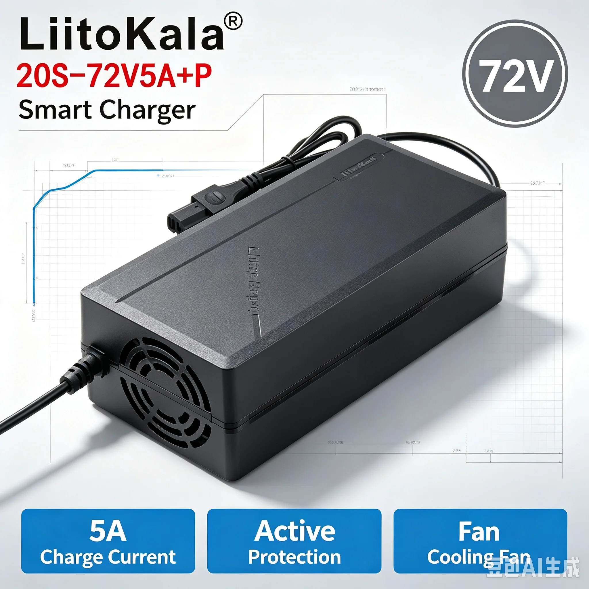 Carregador de Bateria de Lítio LiitoKala 72V 5A Adequado para Bateria de Íon de Lítio 20S 84V, Carregador Inteligente AC 110-220V com Plugue UE/US