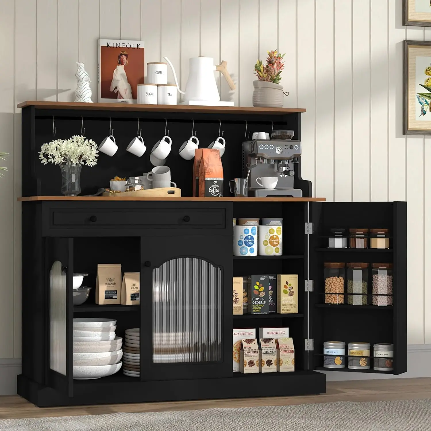 48” Kitchen Pantry Cabinet with Glass Doors, Wood Coffee Bar Cabinet with Drawer, Black Microwave Cabinet with Hutch, Farmhosue