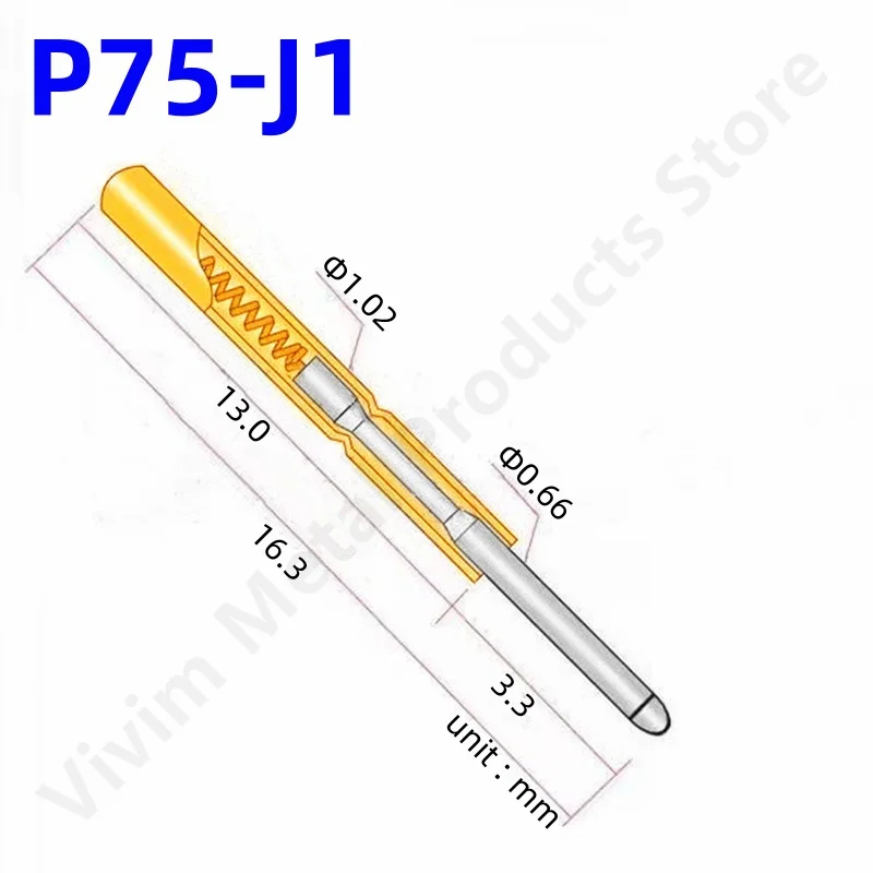 100PCS P75-J1 Spring Test Probe Pogo Pin Test Pin Dia 1.02mm Tip Dia 0.66mm Length 16.3mm P75-J Test Tool PCB Test Round Tip