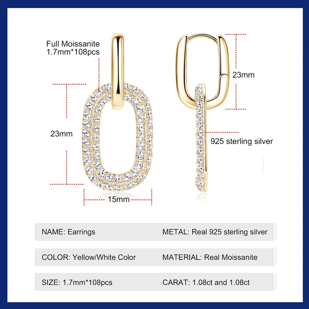 Dainty 14K Gold Plated Moissanite Drop Earrings 925 Sterling Silver Paperclip Dangle Hoops Earrings for Women Trendy Jewelry