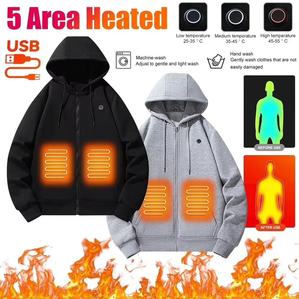 USB Heated Hoodies Lightweight Keep Warm Electric Puffer Jackets Washable 5 Heating Zones Heated Hoodie Coat Outdoor Sports