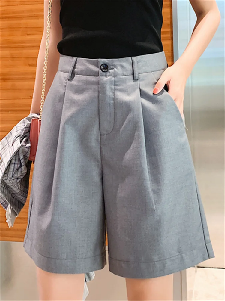 

High Waist Grey Women's Suit Shorts 2023 New Spring Summer Casual Black Straight Office Chic Wide Leg Trousers Pockets Female