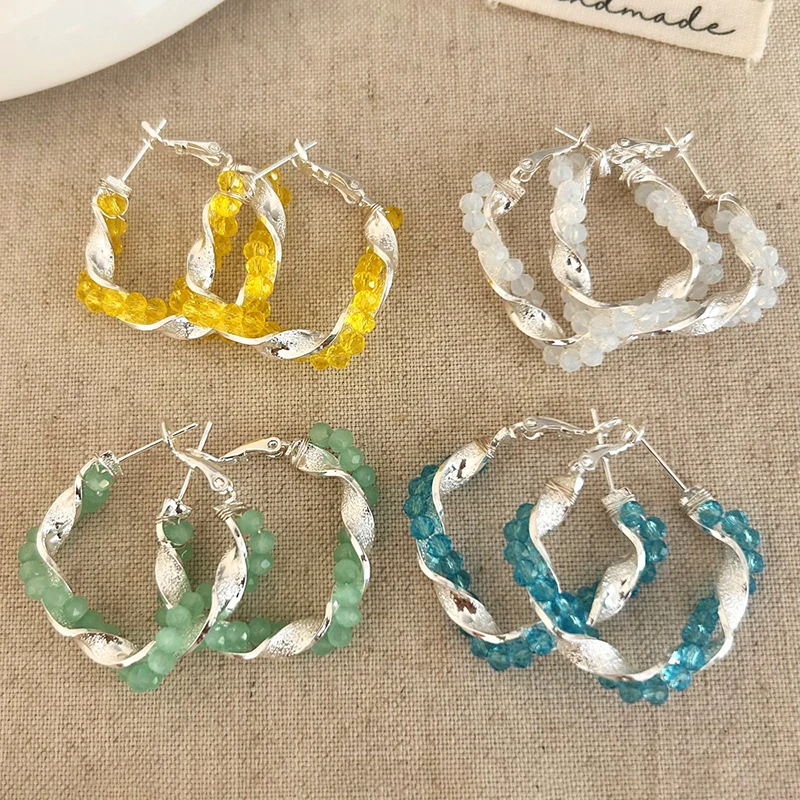 

PONYKISS 925 Sterling Silver Crystal Bead Twisted Wrap Square Hoop Earrings for Women Trendy Fine Jewelry Minimalist Accessories