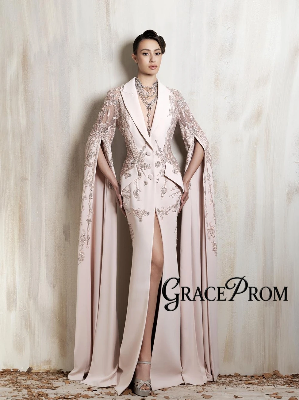 

Muslim Blush Pink Evening Dress With Cape Blazer Collar Elegant High-end Beaded Front Slit Prom Gown Customized Celebrity Wear