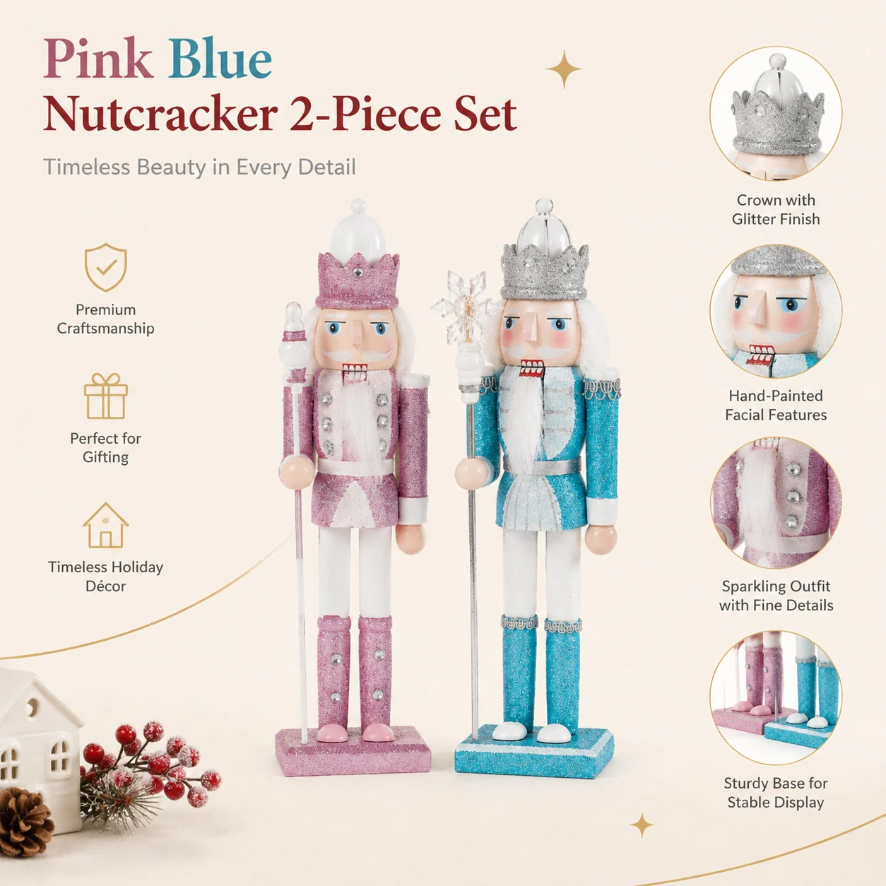30CM Christmas Nutcracker Blue White Glittering Soldier Set Handcrafted Nutcracker Soldier  Christmas Festival Decoration Gift