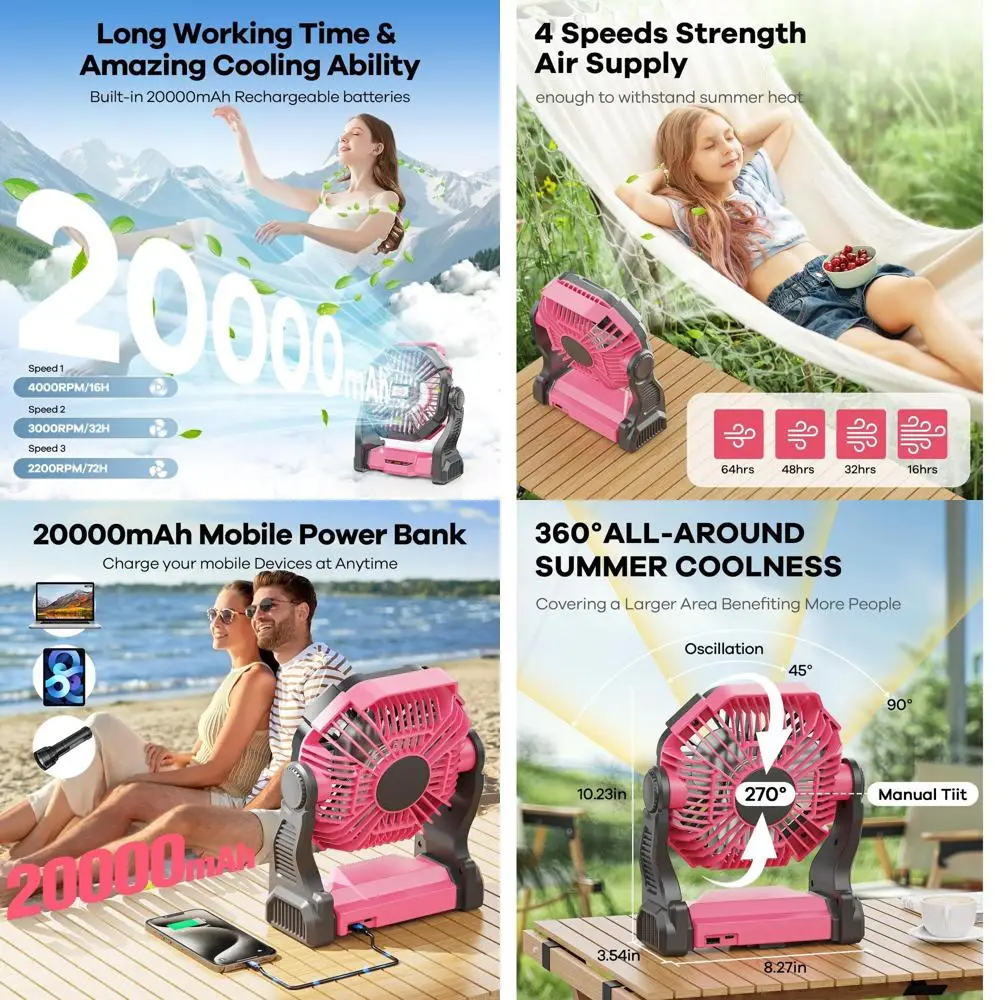 

Портативный вентилятор для кемпинга с аккумулятором 20000 мАч, светодиодной подсветкой, бесшумной работой, идеально подходит для улицы, путешествий, пляжа и при отключении электричества.