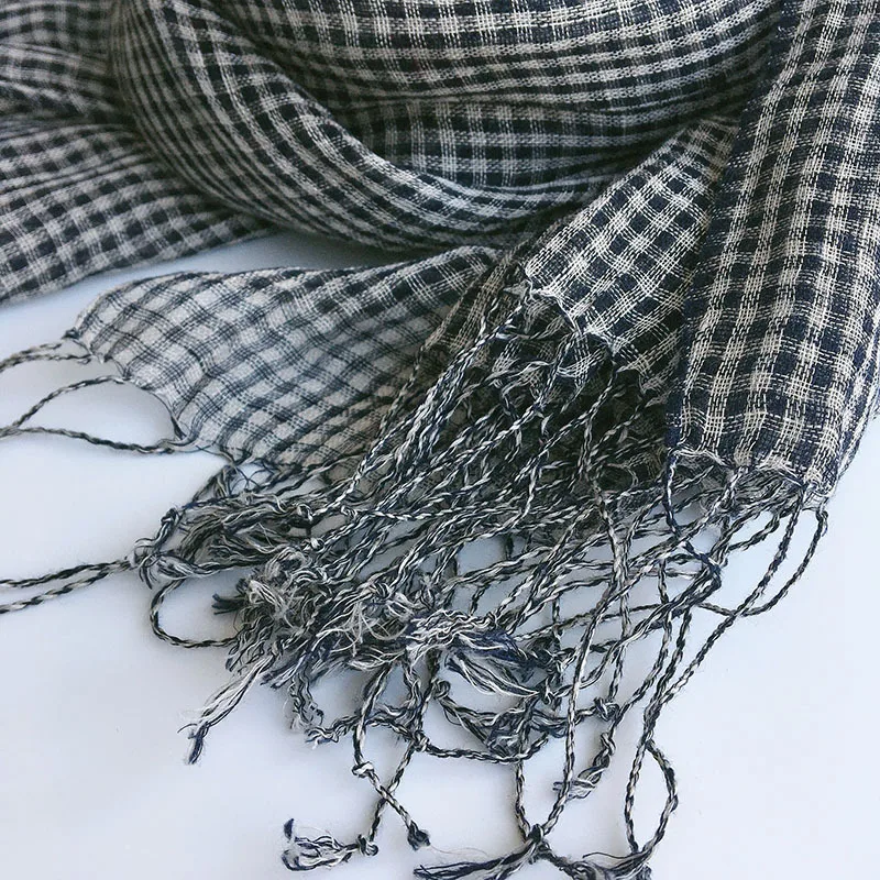 Spring/Summer Small Plaid Tassel Linen Scarf