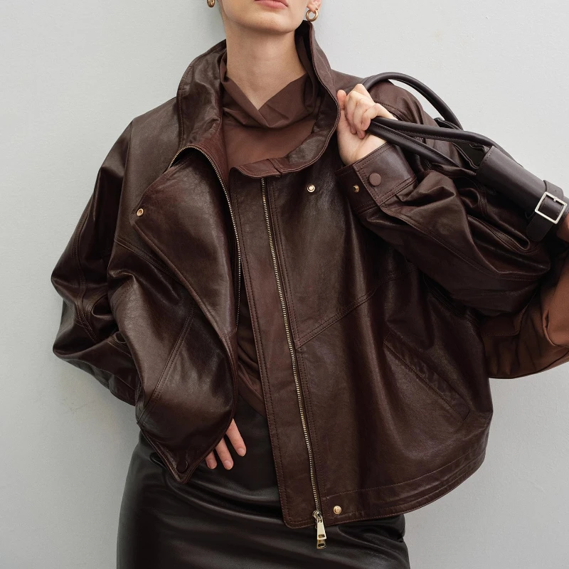 YOLANFAIRY vera giacca di pelle di pecora donna autunno colletto alla coreana vintage sciolto marrone scuro/nero giacca di pelle da motociclista femminile 2025