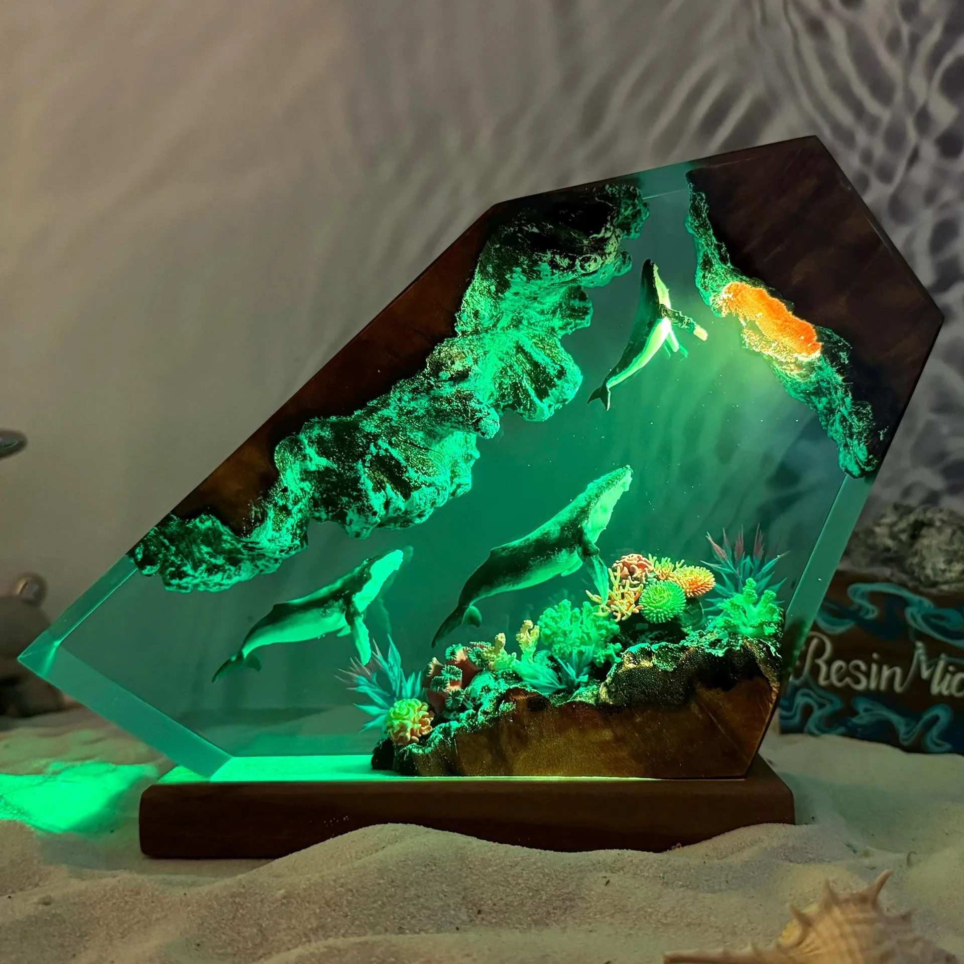 수지 램프 척추고래 테마 야간 조명 크리 에이 티브 아트 장식 해양 생물 마이크로 풍경 테이블 램프 USB 충전